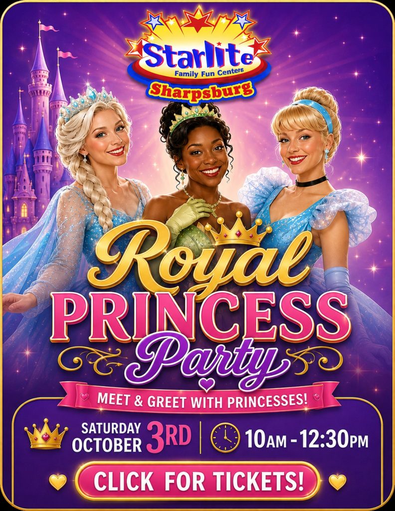 Royal Princess Party at Starlite Sharpsburg featuring three princesses, Saturday October 3rd from 10 AM to 12:30 PM.