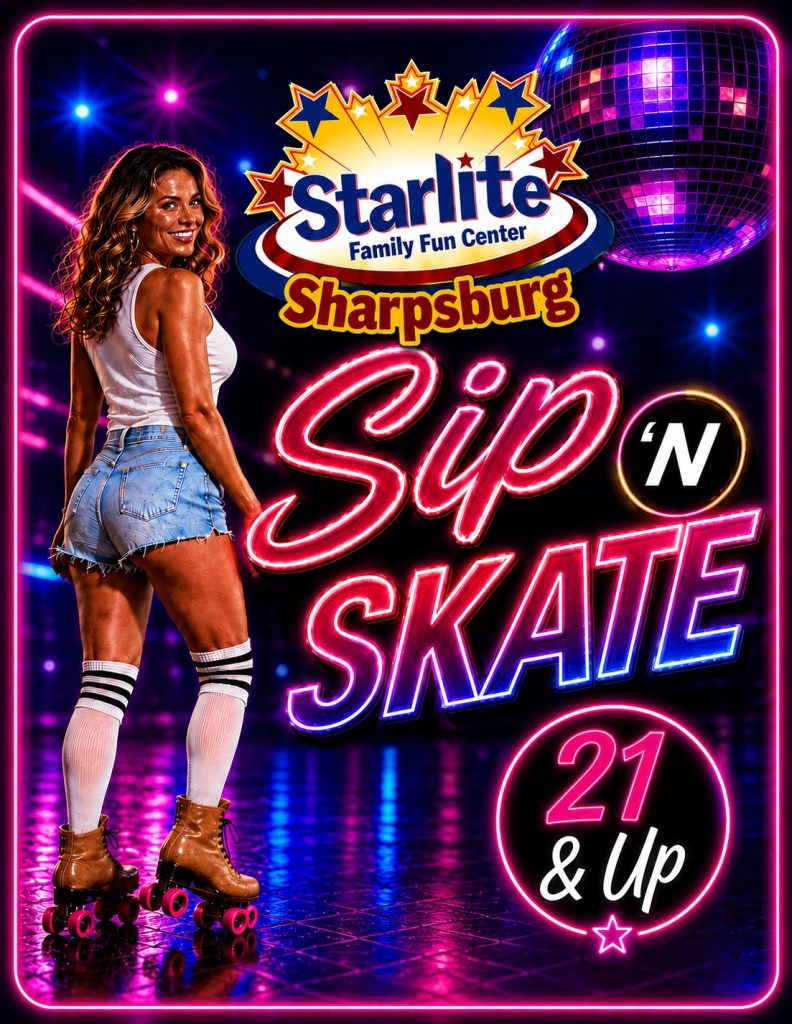 Sip ’N Skate 21+ at Starlite Sharpsburg with adult roller skating, music, beer and wine specials, and select Saturday dates from 9 PM to midnight.